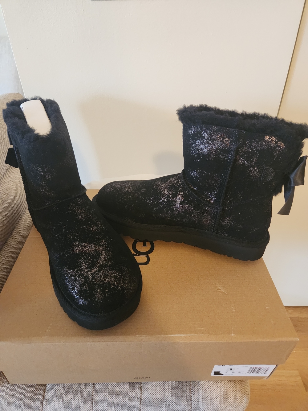 UGG Black Sparkle Short Sheepskin Boots with Back Bow